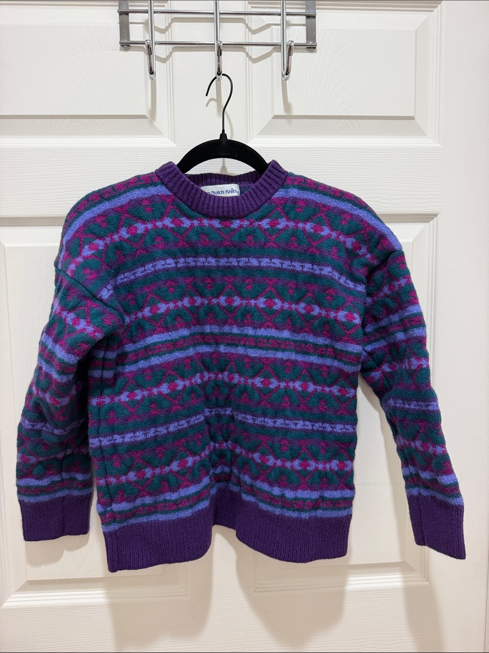 Vintage Top Notch Knits 100% Wool Handcrafted Fair Isle Sweater Purple Teal
